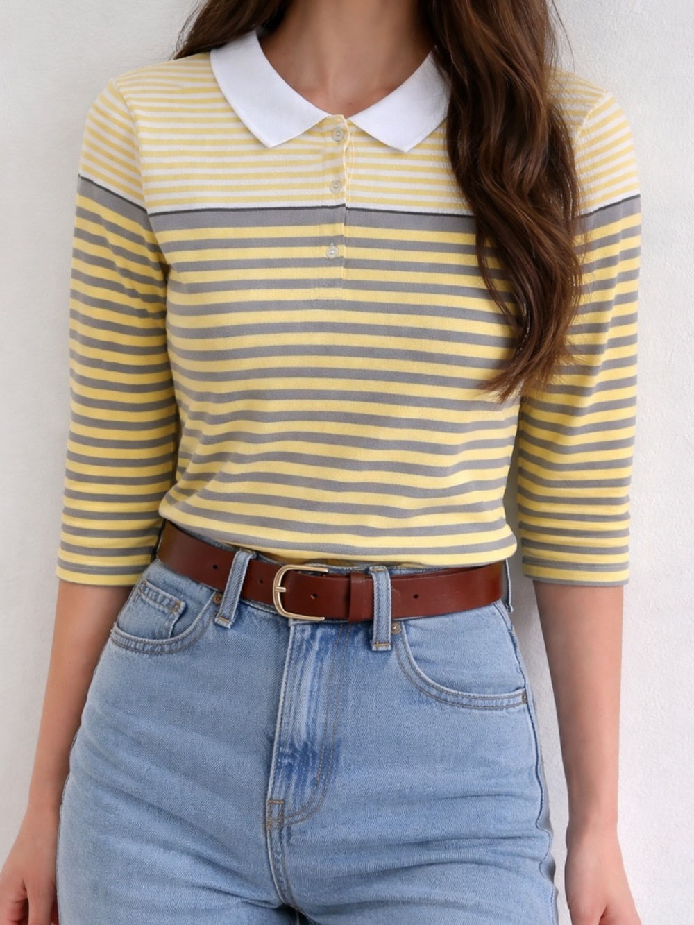 Croft & Barrow Women’s Yellow & Gray Striped Polo Top Size L